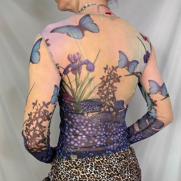 SOLD Just In Time USA floral butterfly mesh top vintage Y2K rhinestone beaded S - Picture 11 of 13